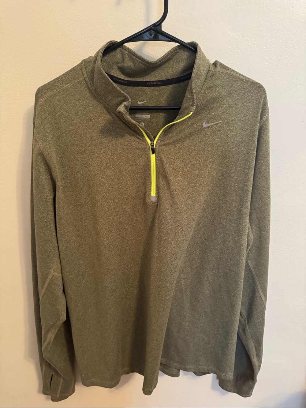 Nike Elements Dri-Fit Olive Green Half-Zip Pullover with Neon Yellow Trim- XL